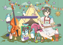  alto_saxophone artist_name bare_legs bird blush bongo_drums brown_eyes candle cello choker christmas_star cloud club_(shape) diamond_(shape) dress drum female flower grey_eyes guitar hat heart highres instrument lantern leaf maracas music original penguin playing_instrument purple_flower red_flower red_headwear sandals saxophone short_hair short_sleeves sitting smile snare_drum spade_(shape) star_(sky) star_(symbol) tassel trumpet tuning_fork white_dress wide_shot yellow_flower yoshimon 