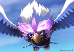  absurdres bird blurry cloud commentary_request day flying glowing highres hisuian_braviary no_humans open_mouth outdoors pokemon pokemon_(creature) sky solo tongue watagashikn 