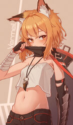  animal_ears arknights arm_wrap black_cape black_gloves black_shorts blush breasts brown_background cape character_name commentary female fingerless_gloves fox_ears fox_girl gloves groin hand_up highres jewelry looking_at_viewer midriff navel necklace notched_ear orange_eyes orange_hair oukayu prosthesis prosthetic_arm shirt short_hair shorts simple_background small_breasts solo strapless tooth_necklace tube_top vermeil_(arknights) white_shirt white_tube_top 