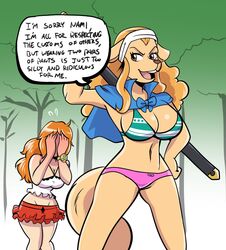  bikini bikini_top canine canine cape captanaugi_(artist) clothing comical dress female forest human humor mammal melee_weapon nami_(one_piece) one_piece outside panties skirt speech_bubble swimsuit sword tree underwear wanda_(one_piece) weapon 