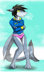  2015 anthro clothing cold female fish hair hi_res hoodie kyle_r._fish marine panties scalie shark sharkcatsg solo topwear underwear worried yellow_eyes 