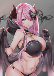  bad_link bare_shoulders bikini black_bikini black_bow black_gloves blue_eyes bow breasts bug butterfly butterfly_hair_ornament cleavage covered_nipples draph eyes_visible_through_hair female fingerless_gloves gloves granblue_fantasy hair_ornament hair_over_one_eye hairbow highres hood hood_down horns jewelry large_breasts lips long_hair looking_at_viewer mushi024 narmaya_(granblue_fantasy) narmaya_(the_black_butterfly)_(granblue_fantasy) necklace official_alternate_costume parted_lips pink_hair pointy_ears revision side-tie_bikini_bottom skindentation solo stomach swimsuit 