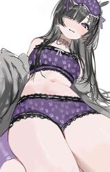  bra eye_mask female from_below hair_over_one_eye highres long_hair looking_at_viewer mask mask_on_head midriff muntai navel nijisanji panties sitting solo stomach thighs tsukino_mito tsukino_mito_(loungewear) underwear virtual_youtuber wariza white_background 