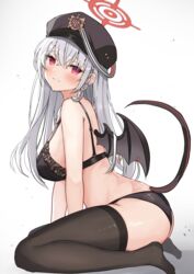  absurdres ass bare_back bent_over black_bra black_panties black_thighhighs blue_archive bra braid breasts commentary_request demon_girl demon_tail demon_wings female from_side full_body grey_hair hair_between_eyes halo haruna_(blue_archive) hat head_tilt highres kirin3939 kirin_(kirin1023) large_breasts long_hair looking_at_viewer looking_to_the_side midriff panties peaked_cap red_eyes sideboob sidelocks simple_background single_braid single_wing sitting sleeveless smile solo tail tail_raised thighhighs underwear wariza white_background wings 