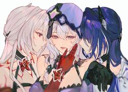  3girls acheron_(honkai:_star_rail) bare_shoulders black_gloves black_swan_(honkai:_star_rail) breasts chibiya1010 commentary dress dual_persona gloves highres honkai:_star_rail honkai_(series) large_breasts long_hair looking_at_viewer multiple_girls official_alternate_color open_mouth purple_dress purple_eyes purple_hair red_eyes simple_background veil white_hair yuri 