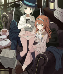  2girls absurdres black_hat black_socks blush bow bow_panties braid checkered_hairband closed_mouth coat collared_shirt commentary_request computer couch cup dress green_eyes green_hair hair_bun hand_on_another&#039;s_leg hand_on_another&#039;s_waist hat heat_lamp highres holding holding_newspaper indoors long_sleeves multiple_girls newspaper on_couch open_clothes open_shirt orange_hair panties pants parted_lips pen reverse:1999 saucer shirt side_braid single_side_bun sitting socks soha_(sirohase) sonetto_(reverse:1999) teacup top_hat two_side_up underwear unworn_coat unworn_pants vertin_(reverse:1999) white_dress white_panties white_shirt white_socks yuri 