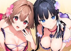  2girls animal_collar ass black_hair blue_eyes bra braid breasts brown_hair cleavage collar collarbone flower giuniu hair_flower hair_ornament hair_ribbon highres large_breasts long_hair multiple_girls novel_illustration official_art open_mouth otoko_girai_na_bijin_shimai_wo_namae_mo_tsugezu_ni_tasuketara_ittai_dounaru? panties pink_bra pink_collar pink_flower pink_panties purple_bra purple_panties red_eyes ribbon second-party_source shinjou_aina_(otomai) shinjou_arisa_(otomai) short_hair sparkle underwear white_ribbon wooden_floor 