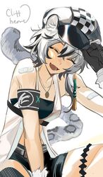  :d ^_^ animal_ear_fluff animal_ears arknights arm_up armband bandaid bandaid_on_arm bare_shoulders black_hair black_shorts blush breasts cabbie_hat character_name checkered_clothes checkered_headwear cliffheart_(arknights) closed_eyes commentary_request facing_viewer female grey_hair hair_between_eyes hand_on_headwear hat highres jacket multicolored_hair shorts simple_background sleeveless sleeveless_jacket small_breasts smile snow_leopard_ears snow_leopard_girl snow_leopard_tail solo streaked_hair tail ting_(machi_nakahara) white_background white_hat white_jacket 