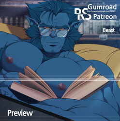  1boy abs bara beast_(x-men) blue_skin book colored_skin forked_eyebrows glasses highres large_pectorals male_focus marvel mature_male monster_boy muscular muscular_male mutton_chops nipples nude open_book paid_reward_available pectorals pillow pointy_ears reading ryans short_hair solo thick_eyebrows upper_body x-men 