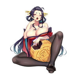  ahoge areolae bare_shoulders black_hair black_pantyhose blue_hair blush breasts chinese_clothes collarbone commentary_request detached_sleeves earrings eating facial_mark feet female finger_to_mouth food_in_mouth forehead_mark full_body gradient_hair grey_eyes hair_ornament hand_up huge_breasts jewelry long_hair looking_at_viewer luode_huayuan mid-autumn_festival mooncake multicolored_hair neck_tattoo no_shoes open_mouth original oversized_food oversized_object pantyhose simple_background sitting soles solo tattoo tongue tongue_out very_long_hair white_background wide_sleeves 