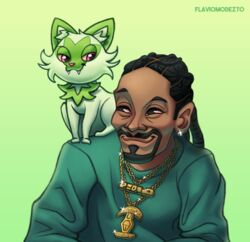  2022 absurd_res ambiguous_gender cheek_tuft clothed clothing cute_fangs dreadlocks drugs duo ear_piercing facial_hair facial_tuft feral flaviomodezto fur generation_9_pokemon goatee goes_hard gold_(metal) gold_jewelry gold_necklace green_background green_body green_fur half-closed_eyes hi_res human icon inner_ear_fluff jewelry longsleeve looking_at_another male mammal narrowed_eyes necklace nintendo piercing pokemon pokemon_(species) real_world red_eyes sharp_teeth simple_background sitting sitting_on_another smile smiling_at_each_other snoop_dogg snoop_dogg_(character) sprigatito stoned substance_intoxication teeth tuft 