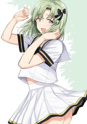  ass blush female green_hair highres idolmaster idolmaster_(classic) idolmaster_stella_stage looking_at_viewer midriff_peek mole mole_under_eye pleated_skirt school_uniform serafuku shiika_(idolmaster) shirt short_sleeves silhouette simple_background skirt smile solo standing tsurui white_serafuku white_shirt white_skirt 