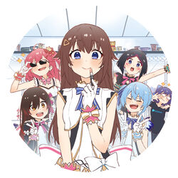  0th_generation_(hololive) 6+girls a-chan_(hololive) absurdres adjusting_hair alternate_costume ankimo_(tokino_sora) applying_makeup azki_(hololive) blue_hair blush brown_hair closed_eyes commentary_request cosmetics double_v glasses group_picture highres holding holding_lipstick_tube hololive hololive_idol_uniform hoshimachi_suisei idol_clothes jojo_pose lipstick lipstick_tube looking_at_viewer makeup multiple_girls official_alternate_costume pose roboco-san sakura_miko smile sparkle sunglasses tokino_sora tsukino_(nakajimaseiki) v virtual_youtuber 