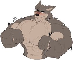  2023 4_fingers anthro armband armwear artist_name begging begging_pose big_biceps big_deltoids big_muscles big_pecs black_nose blush blush_lines body_size_growth bongo_(yongdasom) brown_body brown_fur canid canine canis chest_tuft claws clothing collar deltoids digital_media_(artwork) ears_back facial_piercing finger_claws fingers fur green_eyes growth hi_res labret_piercing lip_piercing male mammal meme muscle_growth muscular muscular_anthro muscular_arms muscular_male navel pawpads pecs piercing pivoted_ears pose simple_background size_transformation solo torn_armwear torn_clothing transformation tuft until_it_snaps white_background wolf wristband yongdasom 