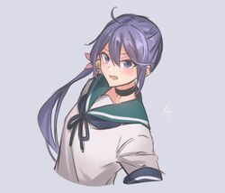  akebono_(kancolle) akebono_kai_ni_(kancolle) bad_id bad_twitter_id bell black_choker blue_sailor_collar choker cropped_torso female flower grey_background hair_bell hair_flower hair_ornament highres jingle_bell kantai_collection knt02142769 long_hair looking_at_viewer purple_eyes purple_hair sailor_collar school_uniform serafuku short_sleeves side_ponytail simple_background solo upper_body very_long_hair 