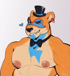  2021 anthro bear black_bow_tie black_clothing black_hat black_headwear black_nose blue_eyes bodily_fluids bow_tie clothing dated ear_piercing ear_ring famir_(artist) fangs five_nights_at_freddy&#039;s five_nights_at_freddy&#039;s:_security_breach front_view glamrock_freddy glistening glistening_eyes grin half-length_portrait hat headgear headwear hi_res looking_at_viewer male mammal mask muscular muscular_anthro muscular_male narrowed_eyes nipples orange_body orange_ears pecs piercing portrait red_nipples ring_piercing scottgames signature simple_background smile solo steel_wool_studios sweat tan_body tan_inner_ear teeth white_background 