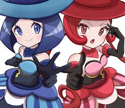  2girls absurdres bare_shoulders battle_chatelaine black_gloves blue_dress blue_eyes blue_hair blue_headwear breasts cleavage closed_mouth dana_(pokemon) dress evelyn_(pokemon) finger_gun gloves hat highres long_hair looking_at_viewer multiple_girls open_mouth pokemon pokemon_xy red_dress red_eyes red_hair red_headwear rono_(lethys) short_hair siblings sisters smile strapless strapless_dress w white_background 