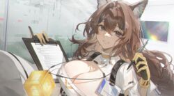  absurdres animal_ear_fluff animal_ears blue_eyes breasts brown_hair clipboard english_commentary female girls&#039;_frontline girls&#039;_frontline_neural_cloud gloves hair_between_eyes highres holding holding_clipboard holding_pen id_card kuroduki_(pieat) long_hair looking_at_viewer pen shirt smile solo turing_(neural_cloud) upper_body white_shirt yellow_gloves 