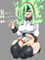  belt belt_buckle black_mask boku_no_hero_academia breasts buckle burnin_(boku_no_hero_academia) character_name curvy domino_mask dress ear_cleaning eye_mask eyebrows_visible_through_mask female fiery_hair fukuinu green_hair grey_background headphones highres lap_pillow_invitation large_breasts long_hair looking_at_viewer mask mimikaki motherly motion_lines oerba_yun_fang open_mouth romaji_text seiza short_dress side_slit simple_background sitting solo studded superhero_costume teeth thick_thighs thighhighs thighs white_dress yellow_eyes 