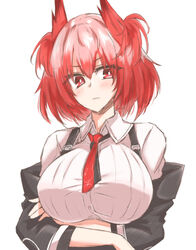  animal_ears arknights arms_under_breasts bird_ears black_jacket blush breasts collared_shirt commentary_request crossed_arms feather_hair female fiammetta_(arknights) highres jacket large_breasts maiq06 necktie off_shoulder red_eyes red_hair shirt white_background white_shirt 