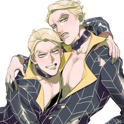  2boys arm_over_shoulder blonde_hair blue_eyes choker clone formal hanrushi jojo_no_kimyou_na_bouken long_sleeves looking_at_viewer male_focus multiple_boys open_clothes open_shirt pectoral_cleavage pectorals prosciutto suit teeth toned toned_male vento_aureo white_background 