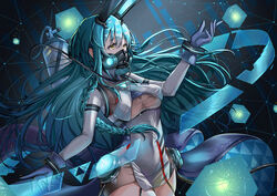  absurdres animal_ears aqua_hair azur_lane blue_gloves bodysuit boise_(azur_lane) braid breasts covered_mouth cube english_commentary fake_animal_ears female garter_straps gloves highres long_hair mechanical_ears medium_breasts oxygen_mask oxygen_tank rabbit_ears scuba_tank see-through solo very_long_hair xstetra yellow_eyes 