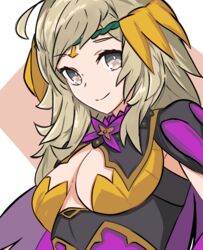  absurdres ahoge alternate_costume asymmetrical_bangs blonde_hair bodystocking breasts cape circlet cleavage female fire_emblem fire_emblem_fates fire_emblem_heroes grey_eyes highres looking_at_viewer official_alternate_costume ophelia_(fire_emblem) ophelia_(resplendent)_(fire_emblem) solo tavi_(hosheezus) upper_body 