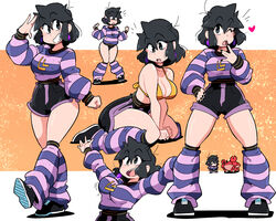  black_eyes black_footwear black_hair black_shorts bra breasts cleavage crab earrings female hand_on_own_hip heart highres jewelry leg_warmers long_sleeves lucia_(scott_malin) medium_breasts multiple_views one_eye_closed original purple_leg_warmers purple_shirt scott_malin shadow shirt shoes shorts striped_clothes striped_leg_warmers striped_shirt underwear yellow_bra 