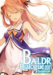  :d bad_id bad_pixiv_id baldr_(series) baldr_sky bell black_ribbon bow breasts closed_eyes comiket_93 cover cover_page doujin_cover dress female floating_hair hair_behind_ear hair_bell hair_ornament hair_ribbon kikuchi_seiji long_hair medium_breasts minazuki_sora open_hand open_mouth orange_bow ribbon smile solo two_side_up white_dress 