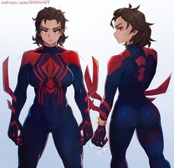  artist_name ass bodysuit bracelet breasts brown_eyes brown_hair dashi_(dashiart) female frown genderswap_(mtf) highres impossible_bodysuit impossible_clothes jewelry marvel medium_breasts miguel_o&#039;hara patreon_username red_eyes rule_63 spider-man:_across_the_spider-verse spider-man_(2099) spider-man_(series) spider-verse superhero_costume thighs toned web_address 