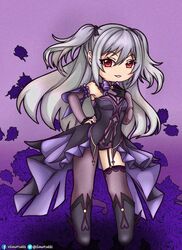  bad_id bad_pixiv_id bow bowtie chibi cosplay detached_sleeves female fischl_(genshin_impact) fischl_(genshin_impact)_(cosplay) fishnets flower genshin_impact grey_hair hanatsukki hand_on_own_hip idolmaster idolmaster_cinderella_girls kanzaki_ranko leotard long_hair looking_at_viewer open_clothes open_skirt pantyhose purple_background purple_flower purple_rose red_eyes rose simple_background single_leg_pantyhose single_thighhigh skirt smile solo thighhighs trait_connection two_side_up uchida_maaya voice_actor_connection 