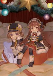  2girls boots bow braid brown_eyes brown_hair capelet christmas_ornaments comet543 frilled_hairband frilled_sleeves frills fur_trim gift hairband hat hat_bow hat_ornament highres hiiragi_nemu hiiragi_nemu_(holy_night_ver.) long_hair long_sleeves magia_record:_mahou_shoujo_madoka_magica_gaiden magical_girl mahou_shoujo_madoka_magica multiple_girls official_alternate_costume purple_eyes ribbon satomi_touka satomi_touka_(holy_night_ver.) smile 