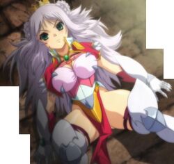  armor breasts cape catue_dragundaala cleavage female green_eyes large_breasts laying_down laying_on_back princess_knight_catue purple_hair screencap stitched third-party_edit third_party_edit 