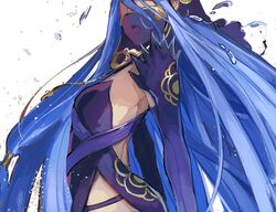  azura_(fire_emblem) azura_(performing_arts)_(fire_emblem) back backless_outfit bad_id bad_twitter_id blue_hair dancing detached_sleeves dress female fingerless_gloves fire_emblem fire_emblem_fates fire_emblem_heroes from_side gloves jewelry kohiu long_hair music necklace open_mouth purple_dress shaded_face singing solo veil very_long_hair water water_drop 