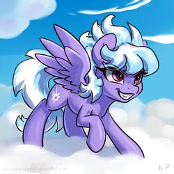  1:1 2015 blue_body blue_feathers cloud cloud_chaser_(mlp) equid equine feathered_wings feathers female feral flying friendship_is_magic hasbro hi_res karol_pawlinski mammal my_little_pony mythological_creature mythological_equine mythology pegasus purple_body purple_feathers signature smile solo wings 