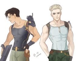  2boys abs autumn-sacura bags_under_eyes blonde_hair brown_eyes brown_hair collarbone english_commentary fingerless_gloves front_mission gloves grey_eyes gun hand_in_pocket hand_on_own_hip male_focus multiple_boys muscular pouch profile royd_clive sakata_ryuuji smile tank_top weapon 