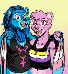  anthro binder_(clothing) black_line_art black_shading blue_body blue_eyes blue_fur blue_mane breasts cheek_tuft chest_tuft clothing colored countershading detailed digital_drawing_(artwork) digital_media_(artwork) duo eyebrows eyelashes facial_markings facial_tuft felid female flag flag_(object) flat_chested fluffy fur gender_symbol gender_symbol_print gradient_background grungebunny half-length_portrait head_markings head_tuft humanoid_hands lgbt_pride line_art lion male mammal mane markings multicolored_clothing multicolored_shirt multicolored_tank_top multicolored_topwear neck_tuft nonbinary_(lore) nonbinary_pride_colors open_mouth open_smile pantherine pattern_clothing pink_body pink_eyelashes pink_eyes pink_fur portrait pride_color_clothing pride_color_flag pride_color_shirt pride_color_tank_top pride_color_topwear pride_colors print_clothing print_shirt print_tank_top print_topwear rule_63 sex_education_lion_(character) sex_education_lioness_(character) shaded shaded_face shirt simple_background simple_shading smile striped_clothing stripes symbol tank_top third-party_edit topwear transgender_pride_colors transgender_symbol tuft wearing_flag 