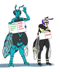  4_arms 5:6 absurd_res actini ambiguous_gender antennae_(anatomy) anthro arthropod arthropod_abdomen conditional_dnp digital_media_(artwork) dipstick_antennae duo_focus english_text german_yellowjacket group hi_res hymenopteran insect_wings insects mandibles multi_arm multi_limb multicolored_antennae purple_eyes ratte riocynn_ra&#039;ak sign size_difference text vespid wasp wings yellowjacket_(wasp) 