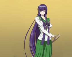  blue_eyes bokken bow breasts busujima_saeko commentary_request female highschool_of_the_dead long_hair medium_breasts pitecube purple_hair school_uniform simple_background skirt solo sword very_long_hair weapon wooden_sword 