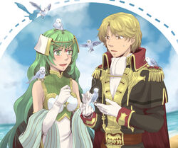  1boy akubimikan armor bare_shoulders beach bird blonde_hair blush breastplate camus_(fire_emblem) cape capelet circlet commentary_request epaulettes feathered_wings female fire_emblem fire_emblem_echoes:_shadows_of_valentia gloves green_eyes green_hair long_hair open_mouth sky tatiana_(fire_emblem) upper_body water wavy_hair wings yellow_eyes 