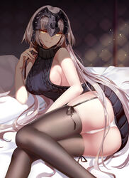  alternate_costume aran_sweater ass backless_dress backless_outfit bangs bare_shoulders bed_sheet black_dress black_legwear black_sweater breasts brown_legwear commentary dress fate/grand_order fate_(series) fingernails from_side garter_straps hair_down hair_ribbon halterneck hand_up headpiece indoors jeanne_d&#039;arc_(alter)_(fate) jeanne_d&#039;arc_(fate)_(all) large_breasts light_particles long_hair looking_at_viewer lying medium_breasts meme_attire no_bra on_bed on_side panties pantyshot pantyshot_(lying) parted_lips pillow revision ribbed_sweater ribbon shade sideboob silver_hair sleeveless sleeveless_turtleneck smile solo sunlight sweater sweater_dress thighhighs tress_ribbon turtleneck turtleneck_sweater underwear very_long_hair virgin_killer_sweater white_panties yellow_eyes zjsstc 