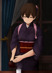  alternate_costume brown_eyes brown_hair commentary cup curtains drink female flower fuyube_gin_(huyube) green_tea hair_flower hair_ornament highres indoors japanese_clothes jewelry kaga_(kancolle) kantai_collection kimono looking_down night obi official_style pouring ring sash shibafu_(glock23)_(style) side_handle_teapot side_ponytail solo table tasuki tea teapot wedding_ring window yukata yunomi 