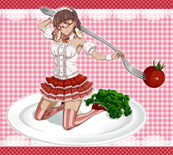  bad_id bad_pixiv_id brown_eyes brown_hair cherry_tomato collar detached_sleeves female fork frilled_skirt frills high_heels highres kamezaemon kasshoku_kyonyuu_megane-san_(kamezaemon) kneeling maid_headdress mini_person minigirl multicolored_hair original oversized_object parsley pink_hair plate puffy_sleeves skirt solo striped_clothes striped_thighhighs thighhighs tomato two-tone_hair vertical-striped_clothes vertical-striped_thighhighs wristband zettai_ryouiki 