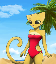  2015 absurd_res anthro beach breasts cleavage clothed clothing felid female fur hi_res katia_managan khajiit mammal microsoft outside palm_tree plant prequel_adventure seaside sharkcatsg solo swimwear the_elder_scrolls tree yellow_body yellow_fur 