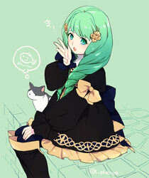  black_footwear boots bow commentary feline female fire_emblem fire_emblem:_three_houses flayn_(fire_emblem) garreg_mach_monastery_uniform green_background green_eyes green_hair guttary hair_ornament knee_boots long_hair long_sleeves open_mouth simple_background sitting solo symbol-only_commentary uniform 