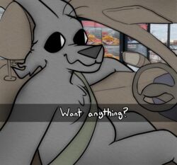  anthro burgerpocalypse canid canine canis car car_interior coyote drive-thru fur grey_body grey_fur he_wants_to_order inside_car looking_at_viewer male mammal meme menu_board seatbelt selfie solo steering_wheel text vehicle 