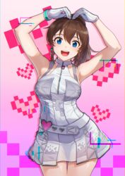  arms_up belt blue_eyes brown_hair collarbone dress earrings female gloves heart heart_arms high_ponytail highres idolmaster idolmaster_million_live! idolmaster_million_live!_theater_days jewelry kamille_(vcx68) legs_together long_hair looking_at_viewer open_mouth ponytail pose satake_minako short_dress sleeveless sleeveless_dress smile solo standing white_belt white_dress white_gloves 