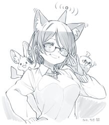  animal animal_ear_fluff animal_ears breasts female glasses greyscale highres hololive looking_at_viewer looking_down medium_breasts monochrome nosir_onadat official_alternate_costume open_mouth radio_antenna roboco-san roboco-san_(spring_sweater) robosaa_(roboco) short_hair smile solo_focus virtual_youtuber wi-fi_symbol 