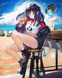  ^_^ absurdres airpods ankle_boots arknights bar_stool bare_legs beach black_footwear black_hair black_jacket blue_hair blue_shorts boots breasts castle-3_(arknights) chinese_commentary cleavage closed_eyes closure_(arknights) cloud cloudy_sky colored_inner_hair commentary_request commission counter creature crop_top crop_top_overhang day denim denim_shorts earbuds earphones eating female food food_on_face full_body gaanc_23_(tomosuge) hand_on_own_hip heart highres holding holding_food id_card jacket lambda_(arknights) lancet-2_(arknights) long_hair long_sleeves looking_at_viewer medium_breasts mixed-language_commentary multicolored_hair navel ocean open_clothes open_jacket outdoors pointy_ears red_eyes sandwich shirt short_shorts shorts sidelocks sitting sky stomach stool two-tone_hair unzipped white_shirt wireless_earphones 