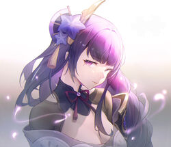  absurdres armor braid breasts cleavage commentary female flower genshin_impact hair_ornament highres japanese_clothes kimono large_breasts long_hair looking_at_viewer mole mole_under_eye parted_lips purple_eyes purple_flower purple_hair raiden_shogun ribbon saw272 shoulder_armor simple_background solo tassel white_background 